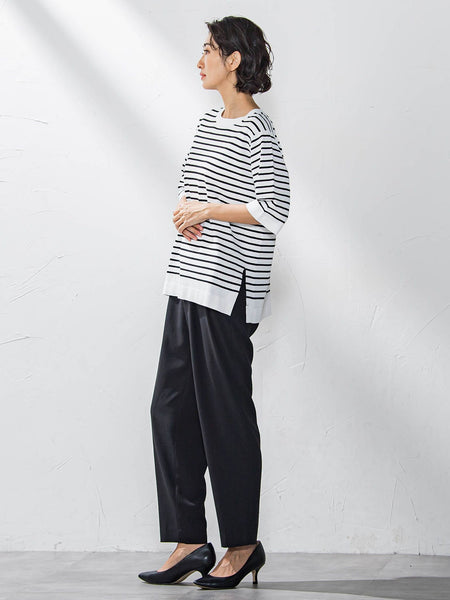 【大きいサイズ】Tシャツ風ボーダーニットプルオーバー≪手洗い可能≫