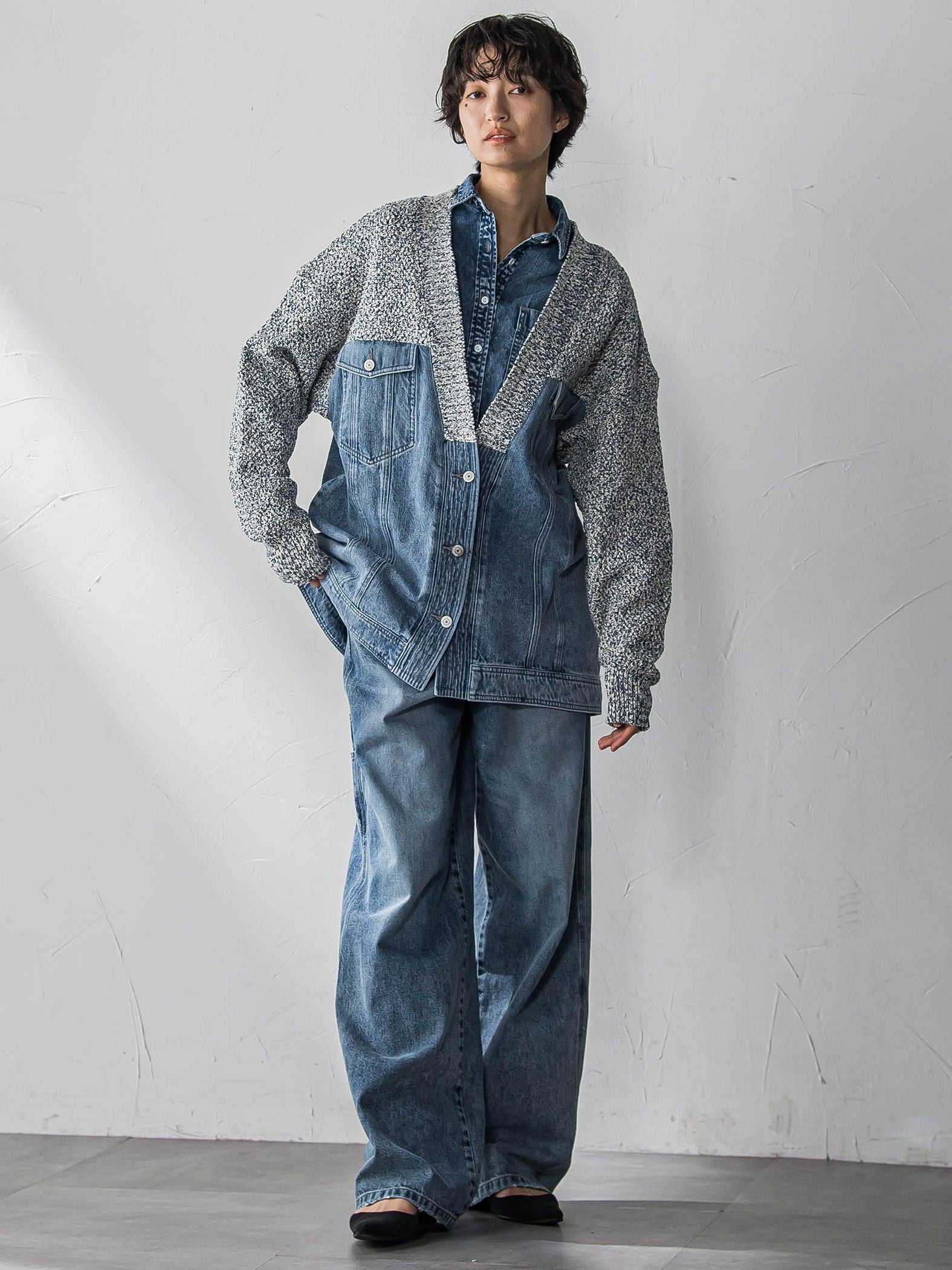 デニムドッキングニットカーディガン≪洗濯機で洗える≫