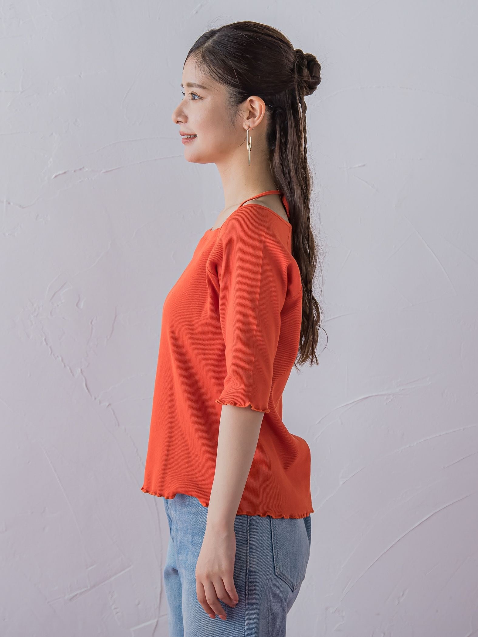 【レディな印象を演出】5分袖ヒモ付カットソー《洗濯機で洗える》