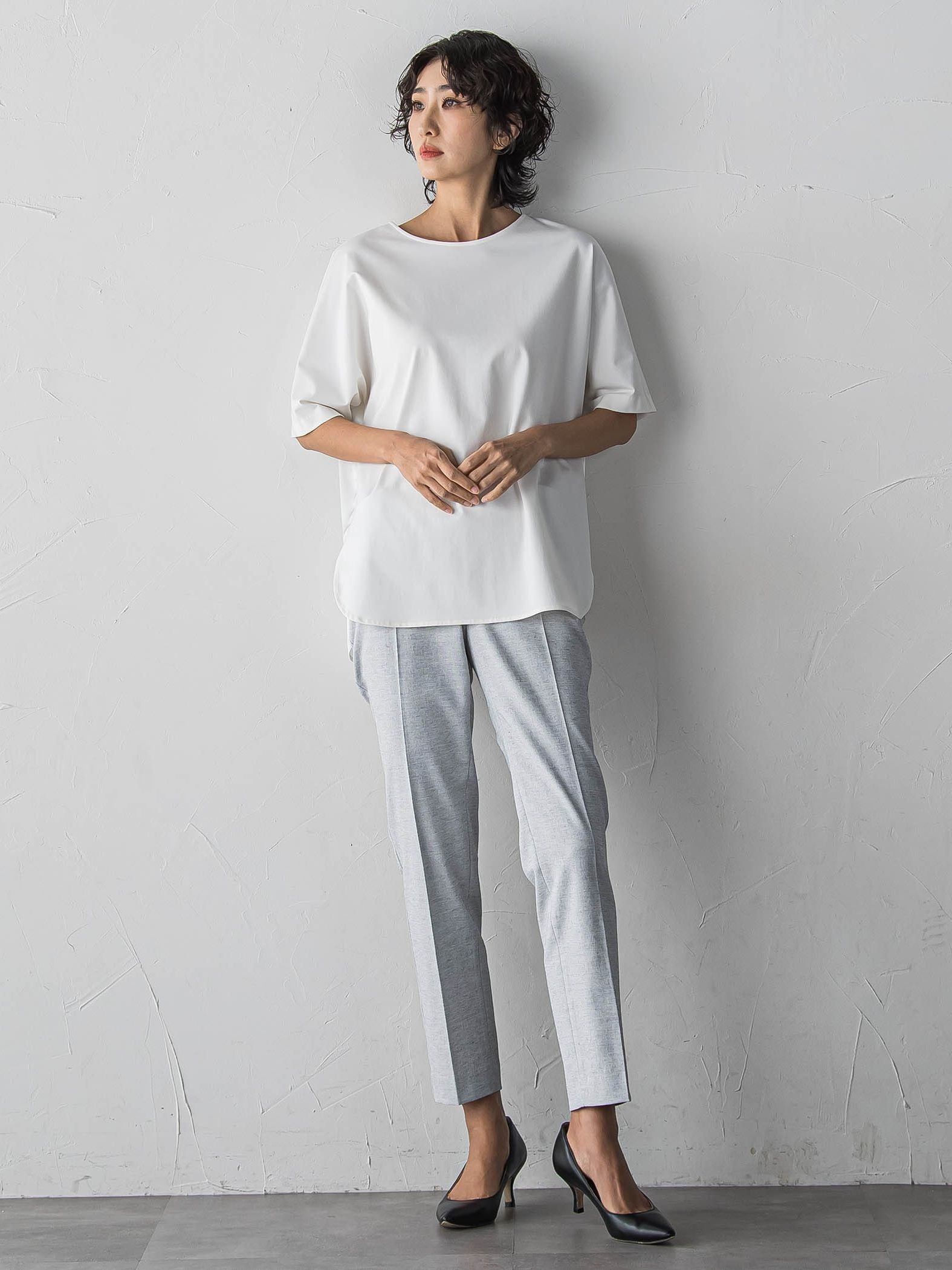 バックサテン切り替えスムースカットソー