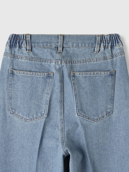 サイドゴムセンタープレス ストレートデニムパンツ