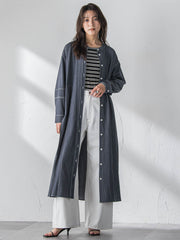 配色ステッチシャンブレーサイドプリーツワンピース≪手洗い可能≫