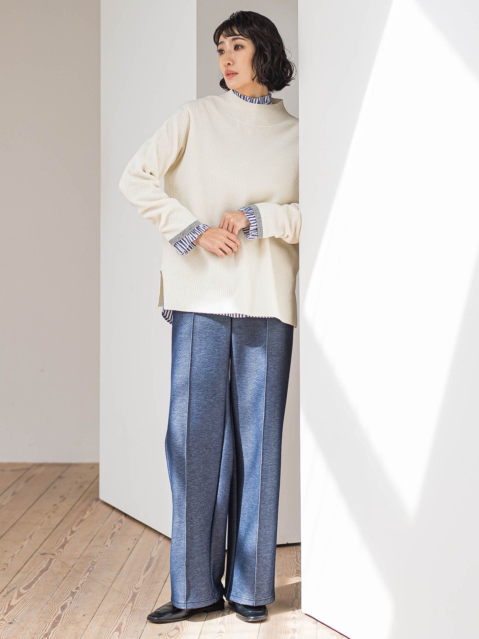 【WEB限定/大きいサイズ】”楽暖”裏起毛ワイドパンツ≪洗濯機で洗える≫