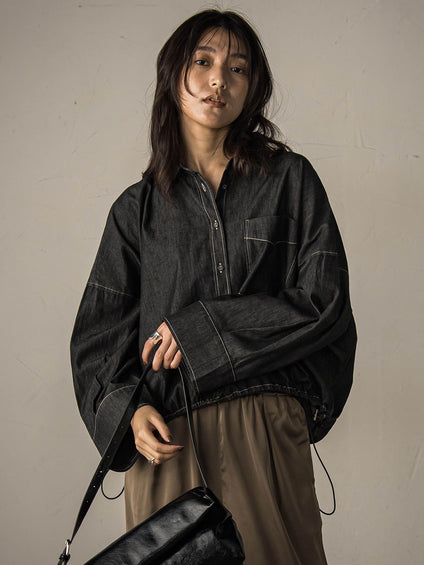 【WEB限定】ドロストクロップドデニムシャツ≪洗濯機で洗える≫