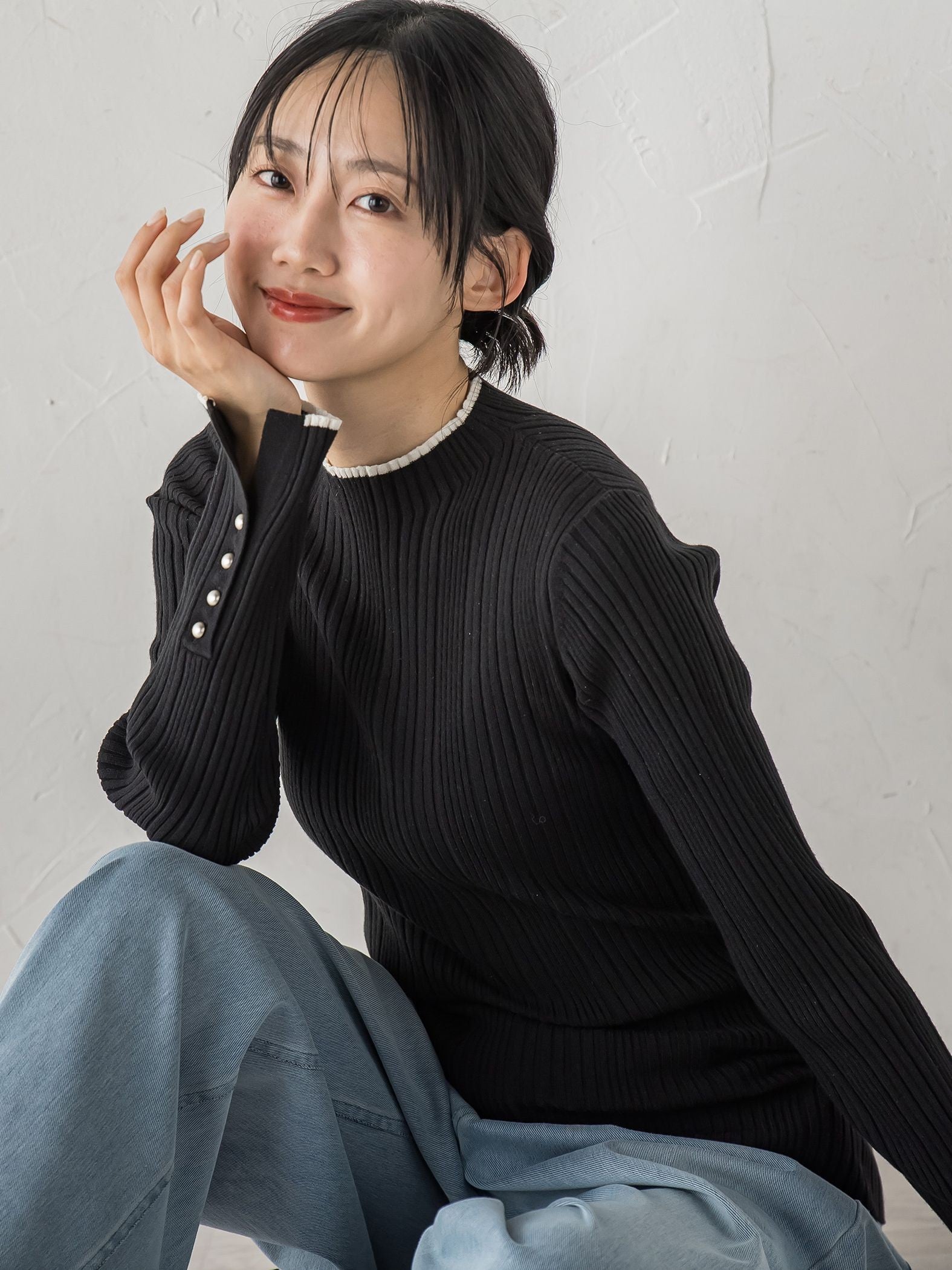 【新色追加】袖ボタンランダムリブニット≪手洗い可能≫