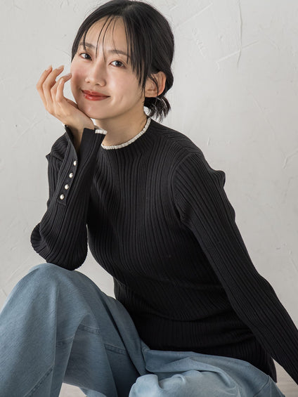 【新色追加】袖ボタンランダムリブニット≪手洗い可能≫