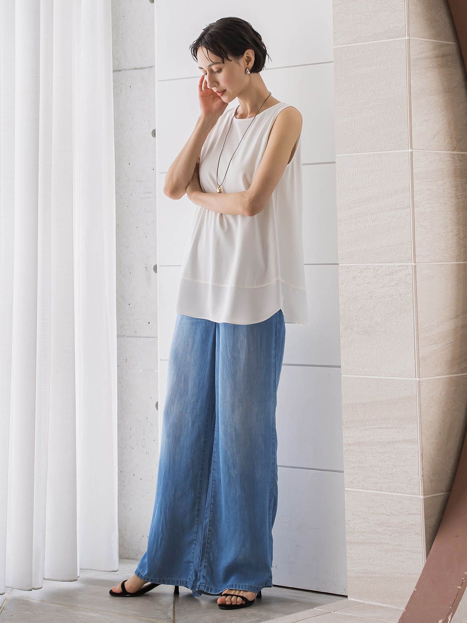 【大きいサイズ】ドレープシルクデニムパンツ