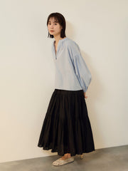 ブロードストライプキーネックブラウス