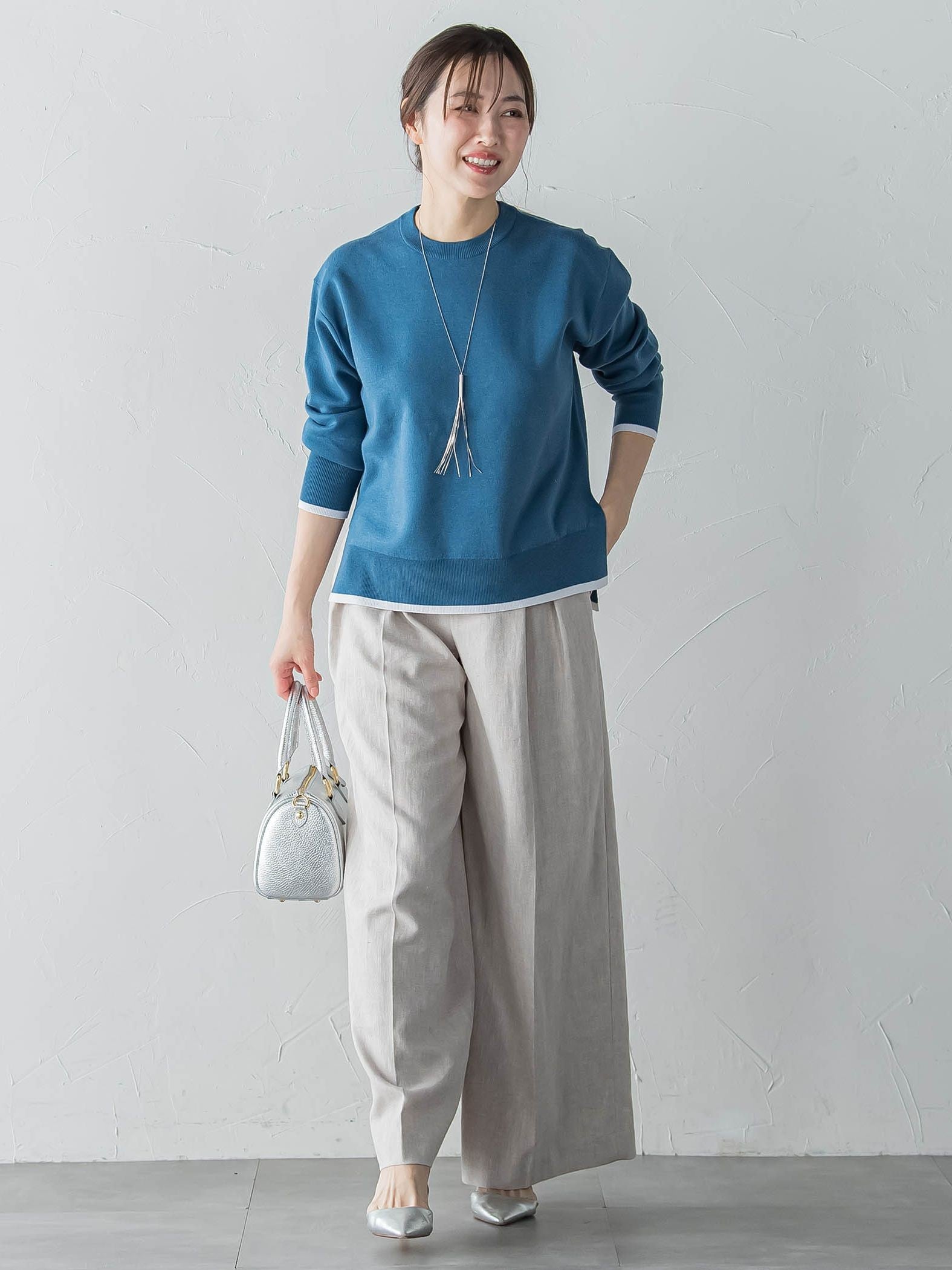 配色クルーネックニット≪洗える≫