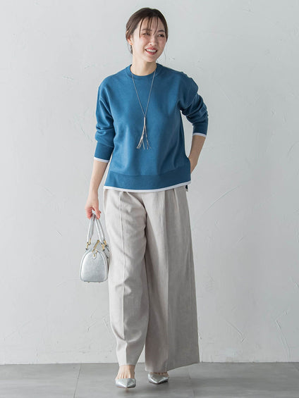 配色クルーネックニット≪洗える≫