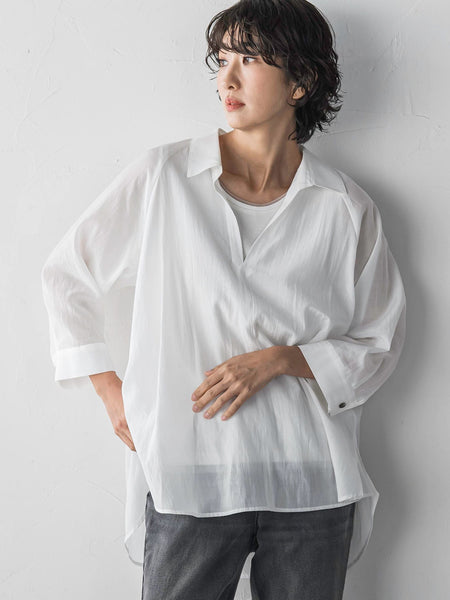 シャツ/ブラウス(長袖/七分) SENSI STUDIO/Oversize BF Shirt COFREX】 スタンド ビジューブラウス 七分袖 レディースデザインシャツ