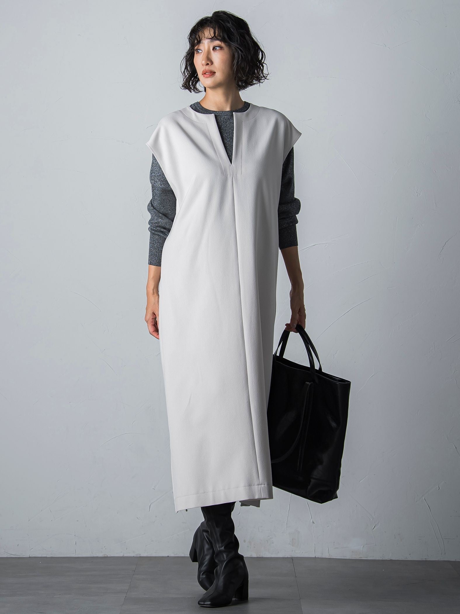 【WEB限定】【3サイズ展開】キーネックワンピース≪イージーケア/毛玉になりにくい≫