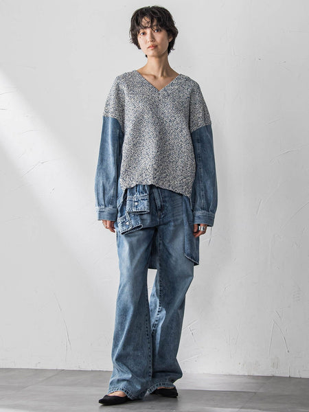 デニムドッキングVネックニットプルオーバー≪洗濯機で洗える≫