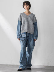 デニムドッキングVネックニットプルオーバー≪洗濯機で洗える≫