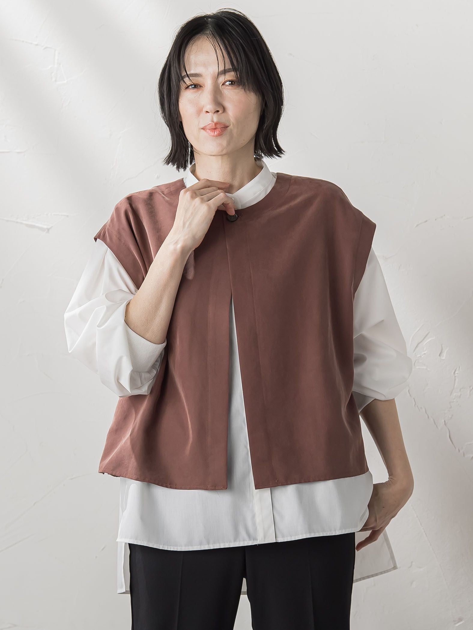 【大きいサイズ】【biyori/極】”こなれ袖がポイント”バンドカラーシャツ