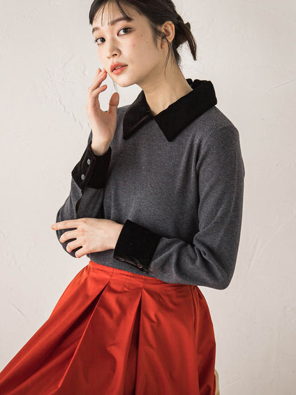 ベロア襟付きニット≪手洗い可能≫