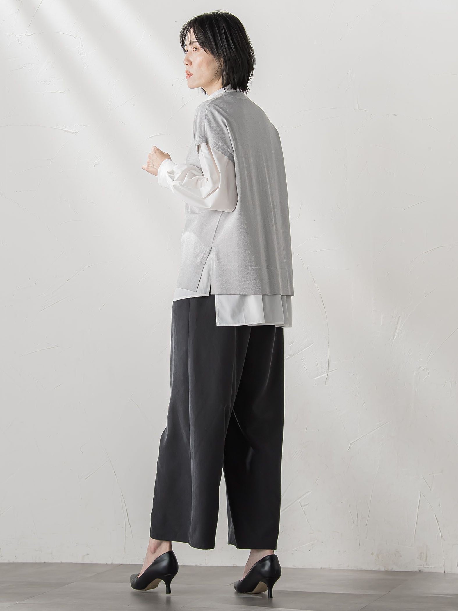 【大きいサイズ】”一枚でもレイヤードにも”ラメニットジレ≪手洗い可能≫