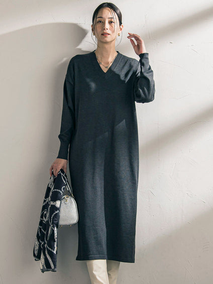 【WEB限定】Vネックニットワンピース≪丈長めあり/手洗い可能≫