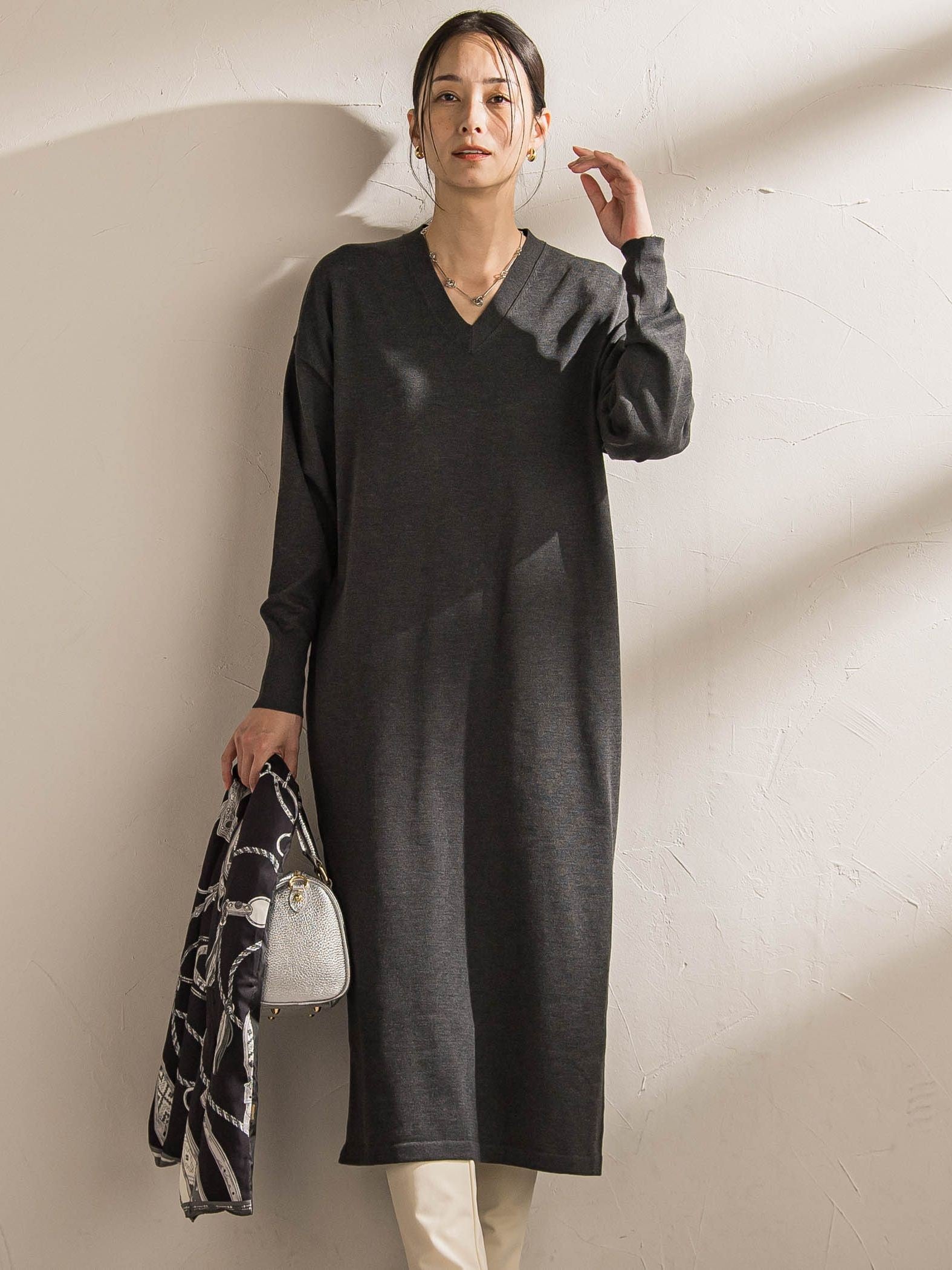 【WEB限定】Vネックニットワンピース≪丈長めあり/手洗い可能≫