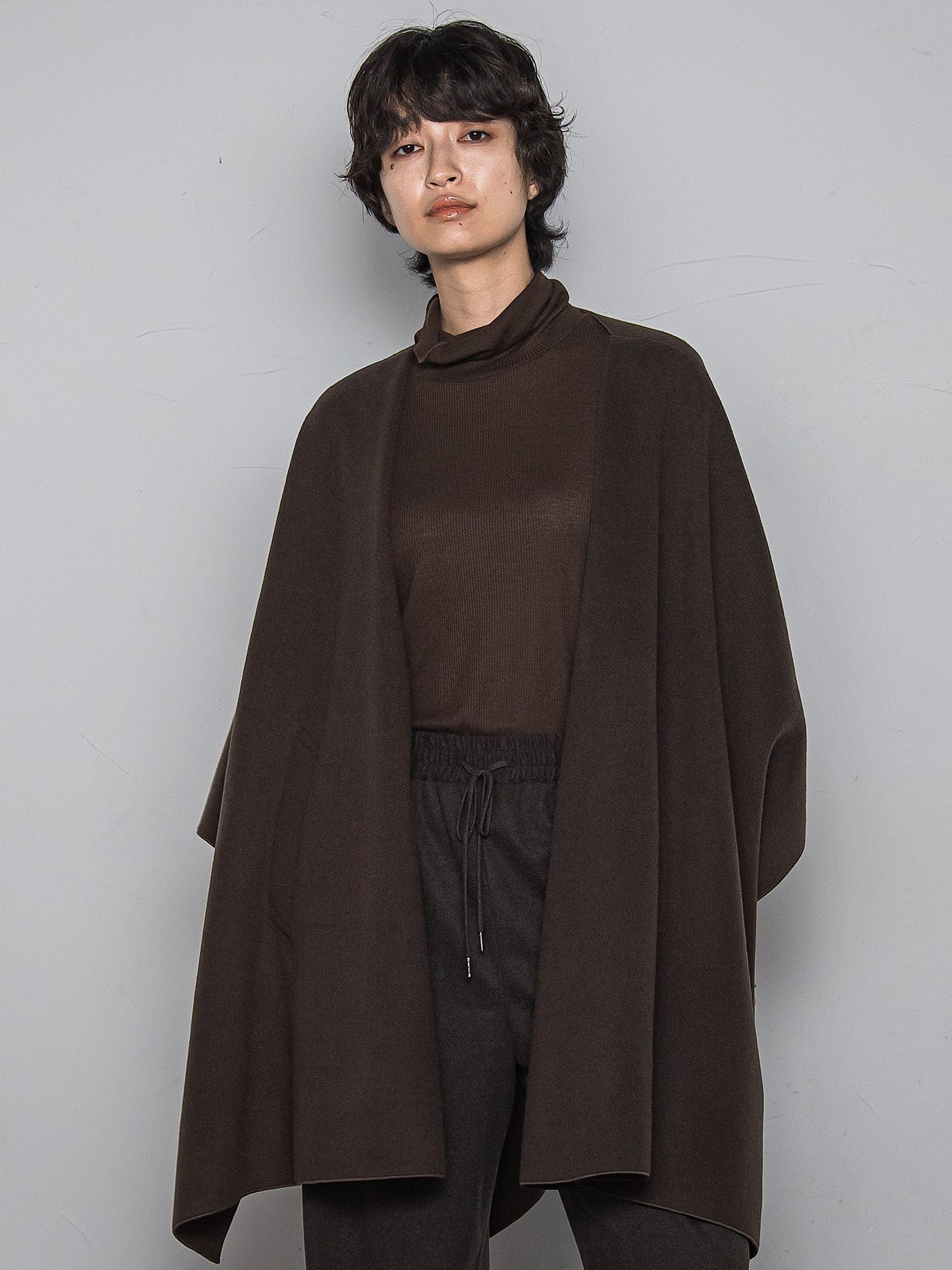 ニット両面パイルノーカラーポンチョ