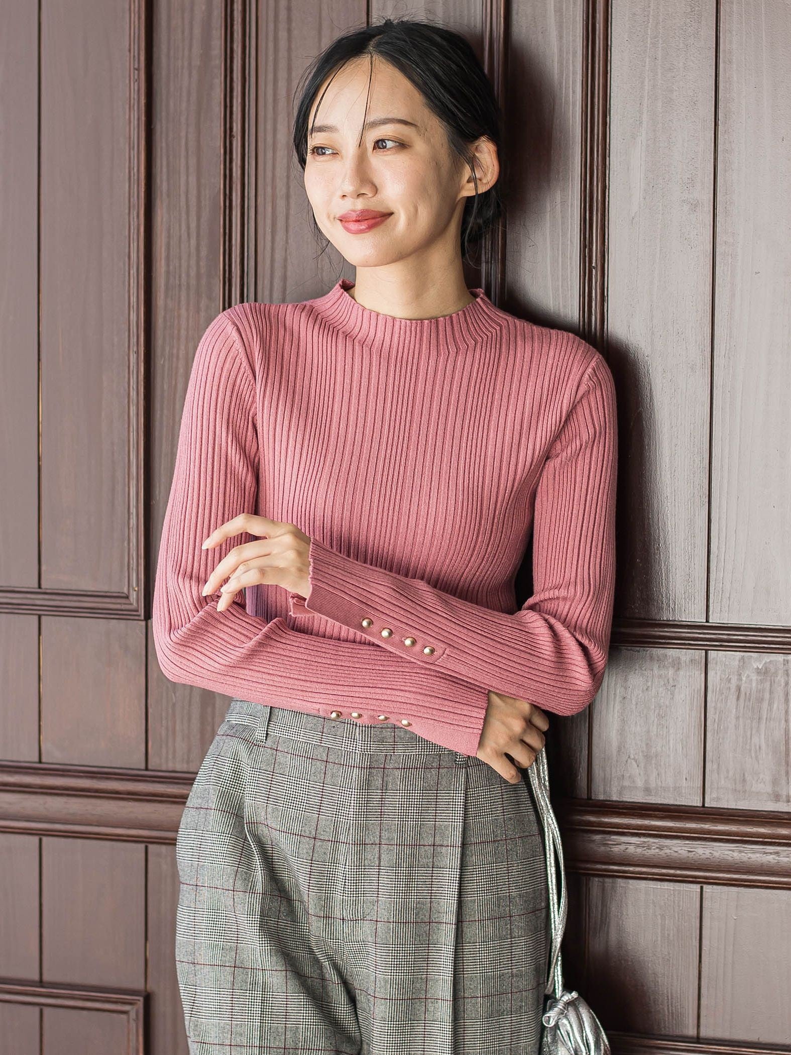 【新色追加】袖ボタンランダムリブニット≪手洗い可能≫