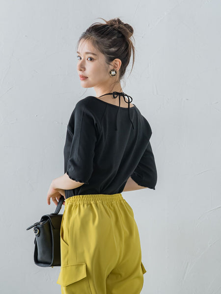 【レディな印象を演出】5分袖ヒモ付カットソー《洗濯機で洗える》