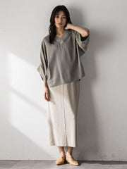 シャンブレーワイドスリーブVネックブラウス