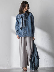 ボウタイ付きデニムシャツ≪洗濯機で洗える≫