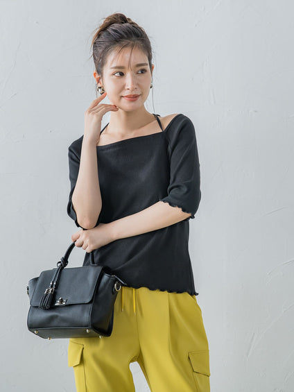 【レディな印象を演出】5分袖ヒモ付カットソー《洗濯機で洗える》