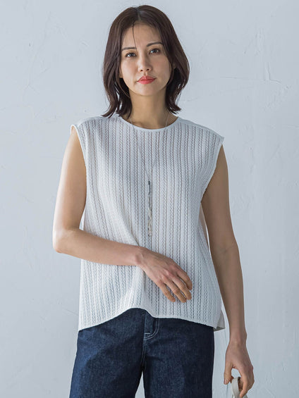 綿麻ラッセルノースリーブカットソー≪手洗い可能≫