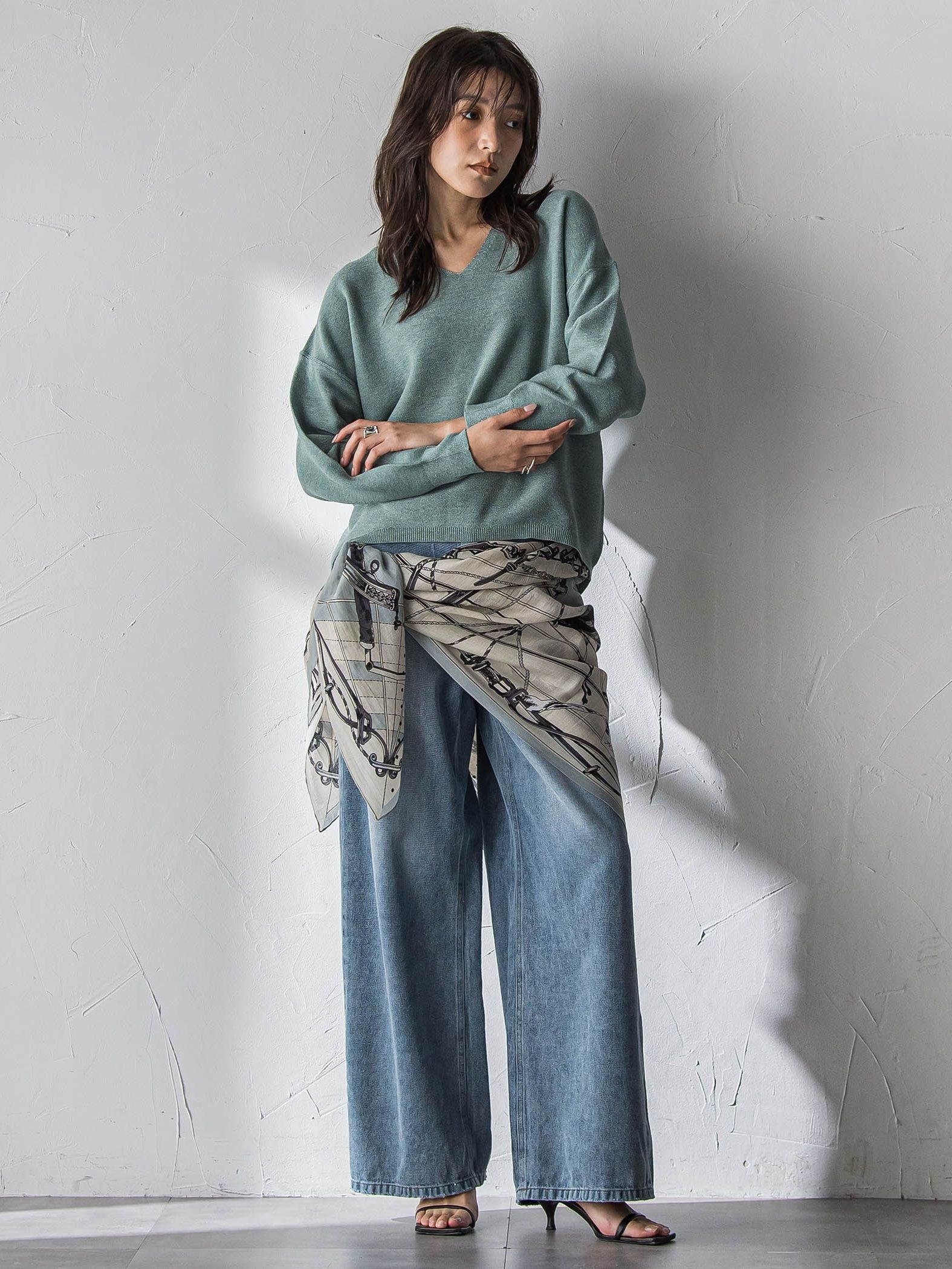 Vネックラメガーターニットプルオーバー≪手洗い可能≫