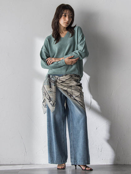 Vネックラメガーターニットプルオーバー≪手洗い可能≫