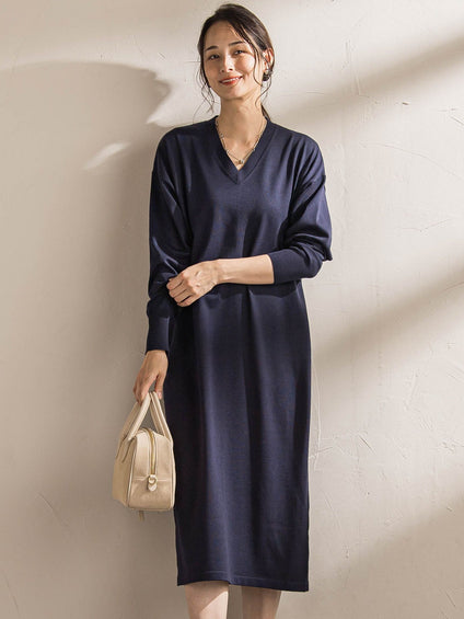 【WEB限定】Vネックニットワンピース≪丈長めあり/手洗い可能≫