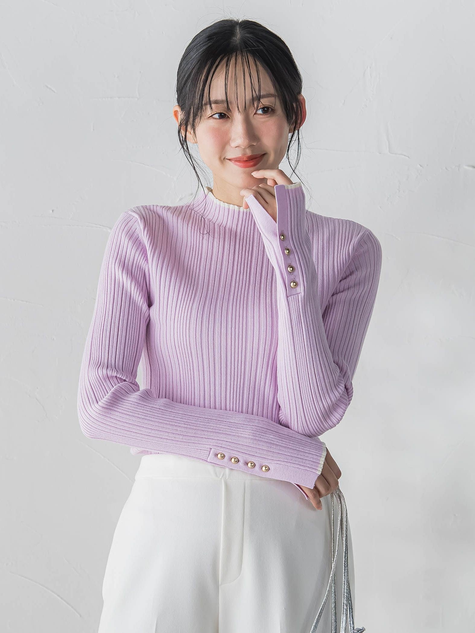 【新色追加】袖ボタンランダムリブニット≪手洗い可能≫