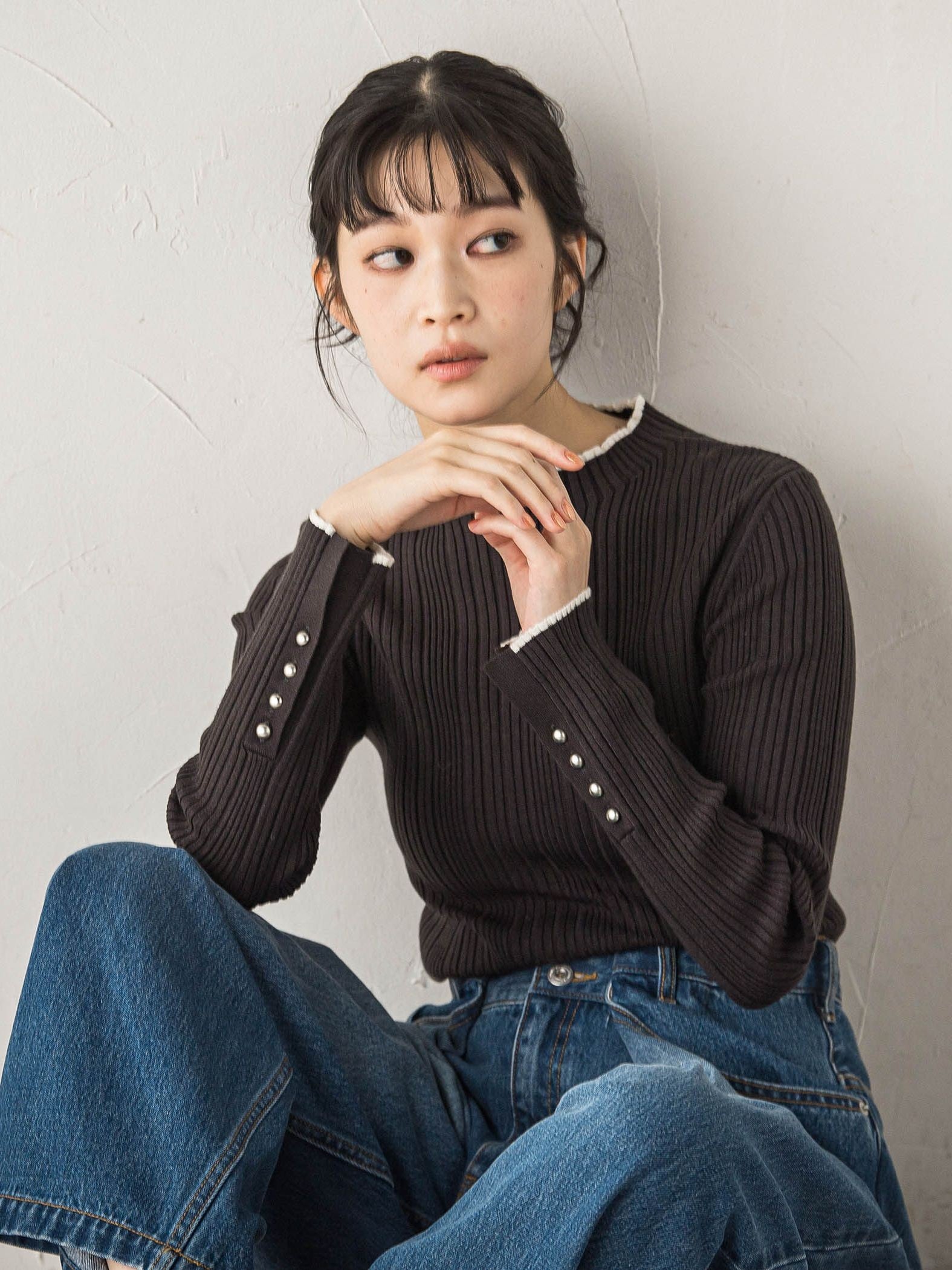 袖ボタンランダムリブニット≪手洗い可能≫