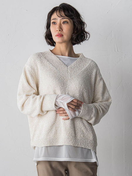 ツヤモールVネックニット