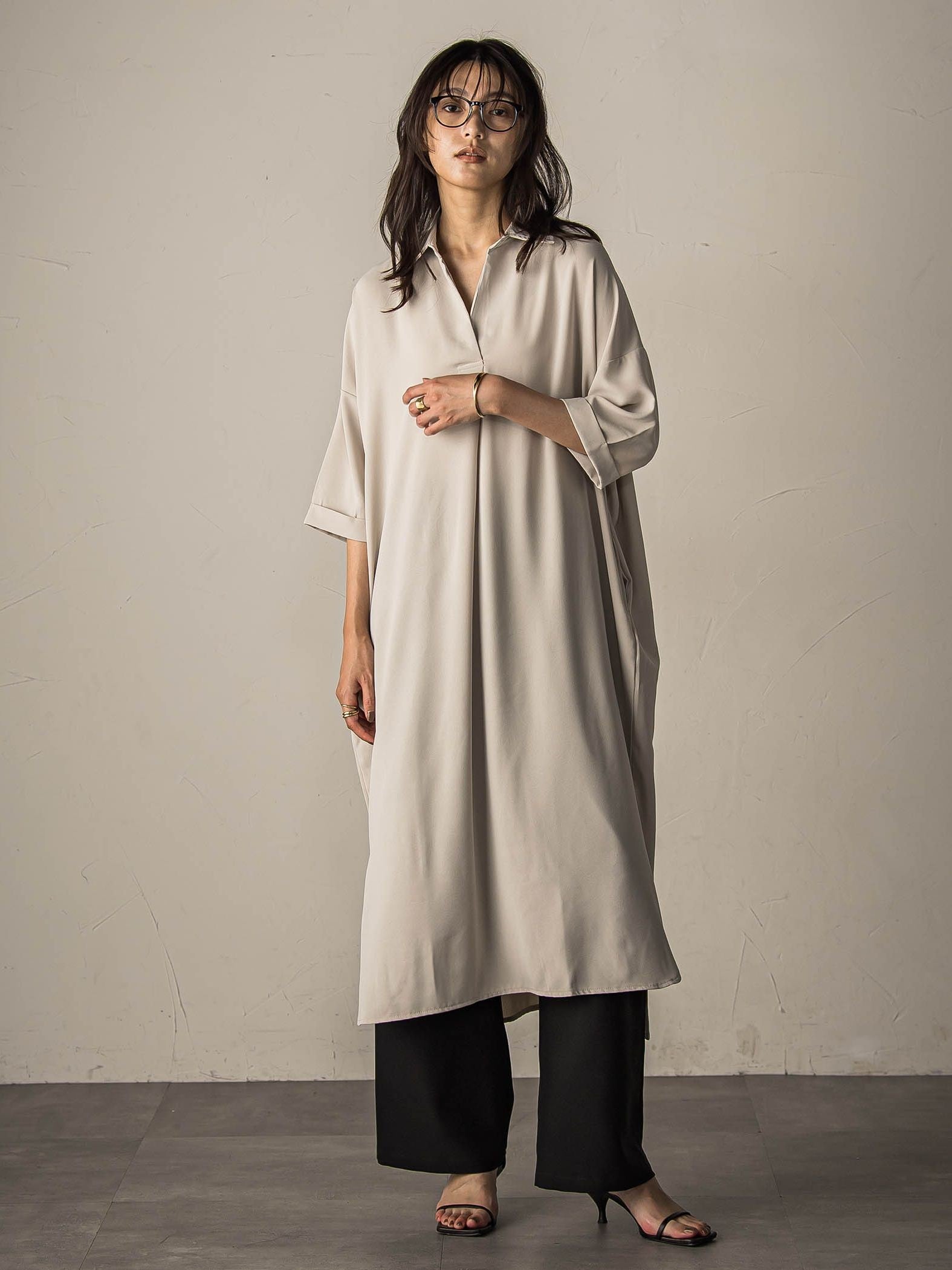 【WEB限定】スキッパーチュニックワンピース≪洗濯機で洗える≫