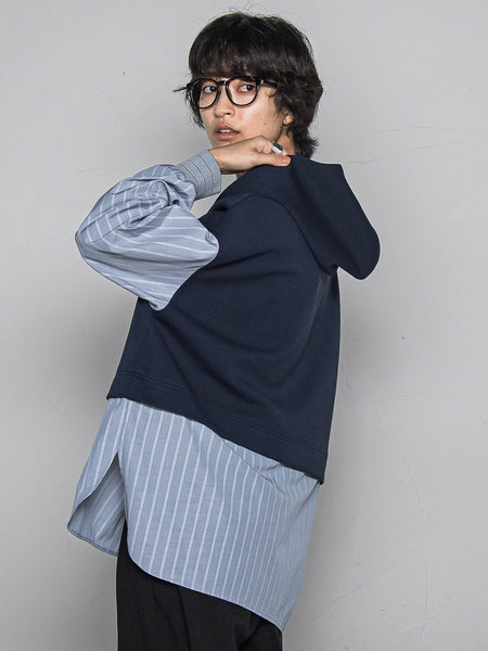 ストライプシャツドッキングスキッパーフーディプルオーバー≪洗濯機で洗える≫