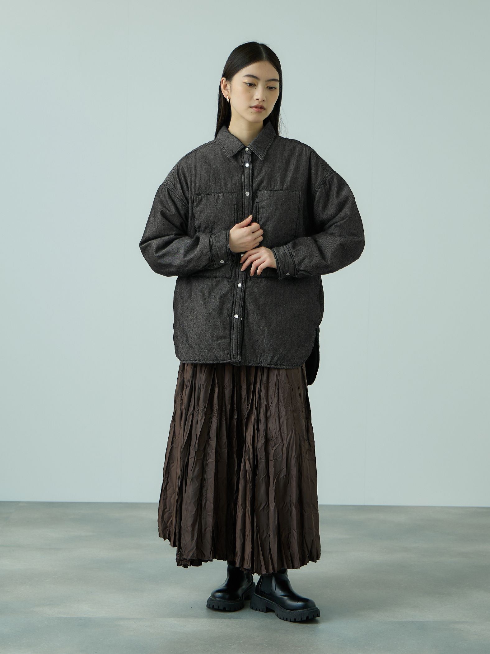 パデッドデニムビッグシャツ≪洗濯機で洗える≫