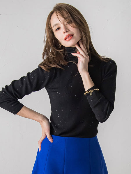 【新色追加】スパンコールリブタートルニット