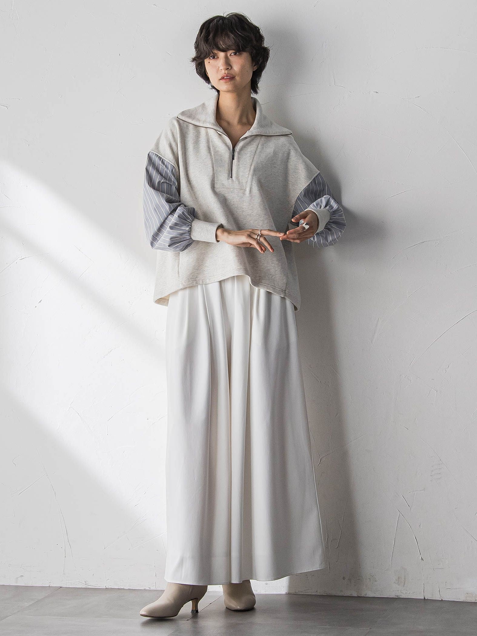 ストライプスリーブハーフジッププルオーバー≪手洗い可能≫