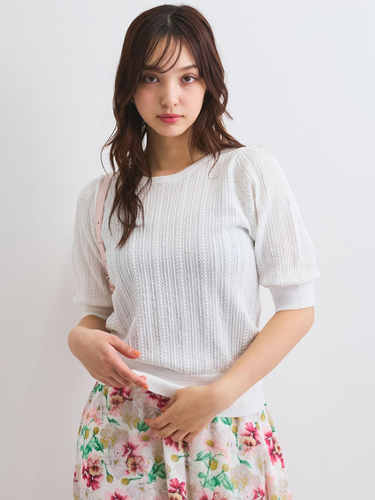 透かし編みパフスリーブニット≪手洗い可能≫