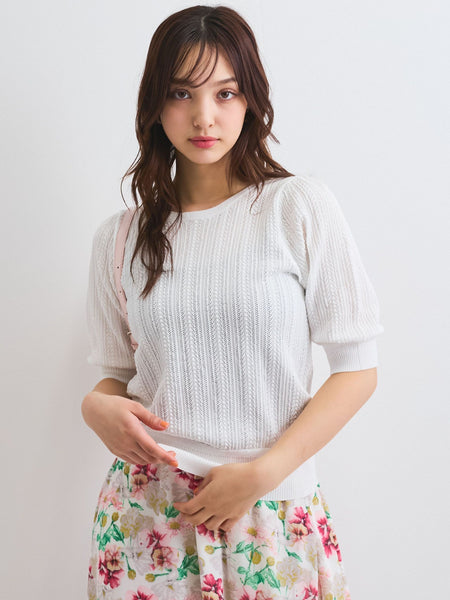 透かし編みパフスリーブニット≪手洗い可能≫