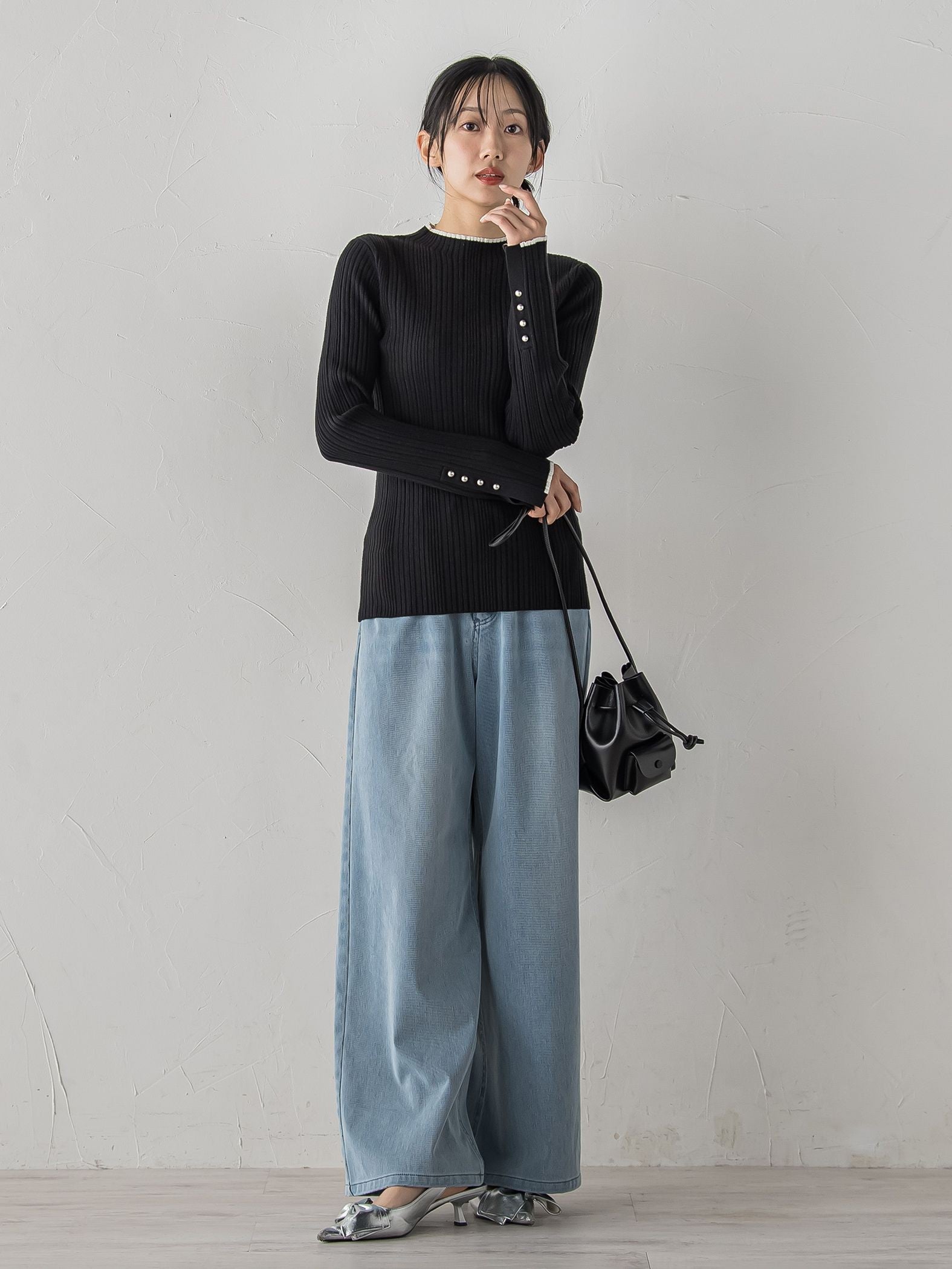 【新色追加】袖ボタンランダムリブニット≪手洗い可能≫