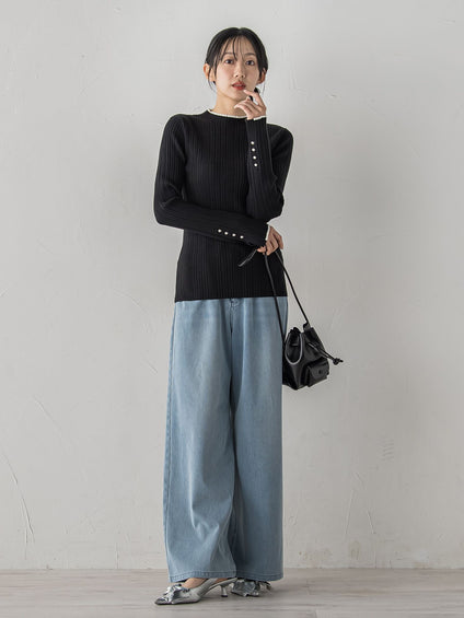 【新色追加】袖ボタンランダムリブニット≪手洗い可能≫