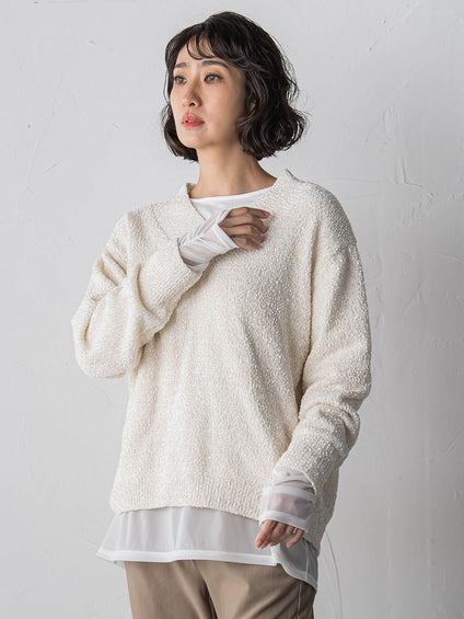 【大きいサイズ】ツヤモールVネックニット