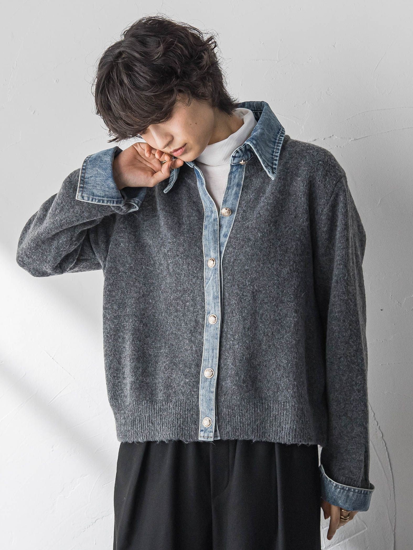 デニムレイヤード風カーディガン≪手洗い可能≫