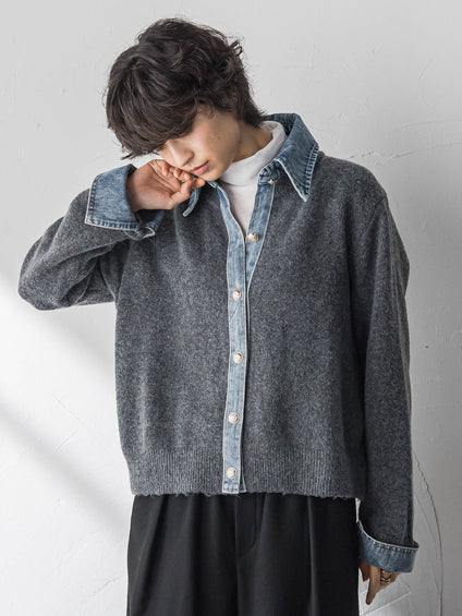 デニムレイヤード風カーディガン≪手洗い可能≫