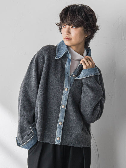 デニムレイヤード風カーディガン≪手洗い可能≫