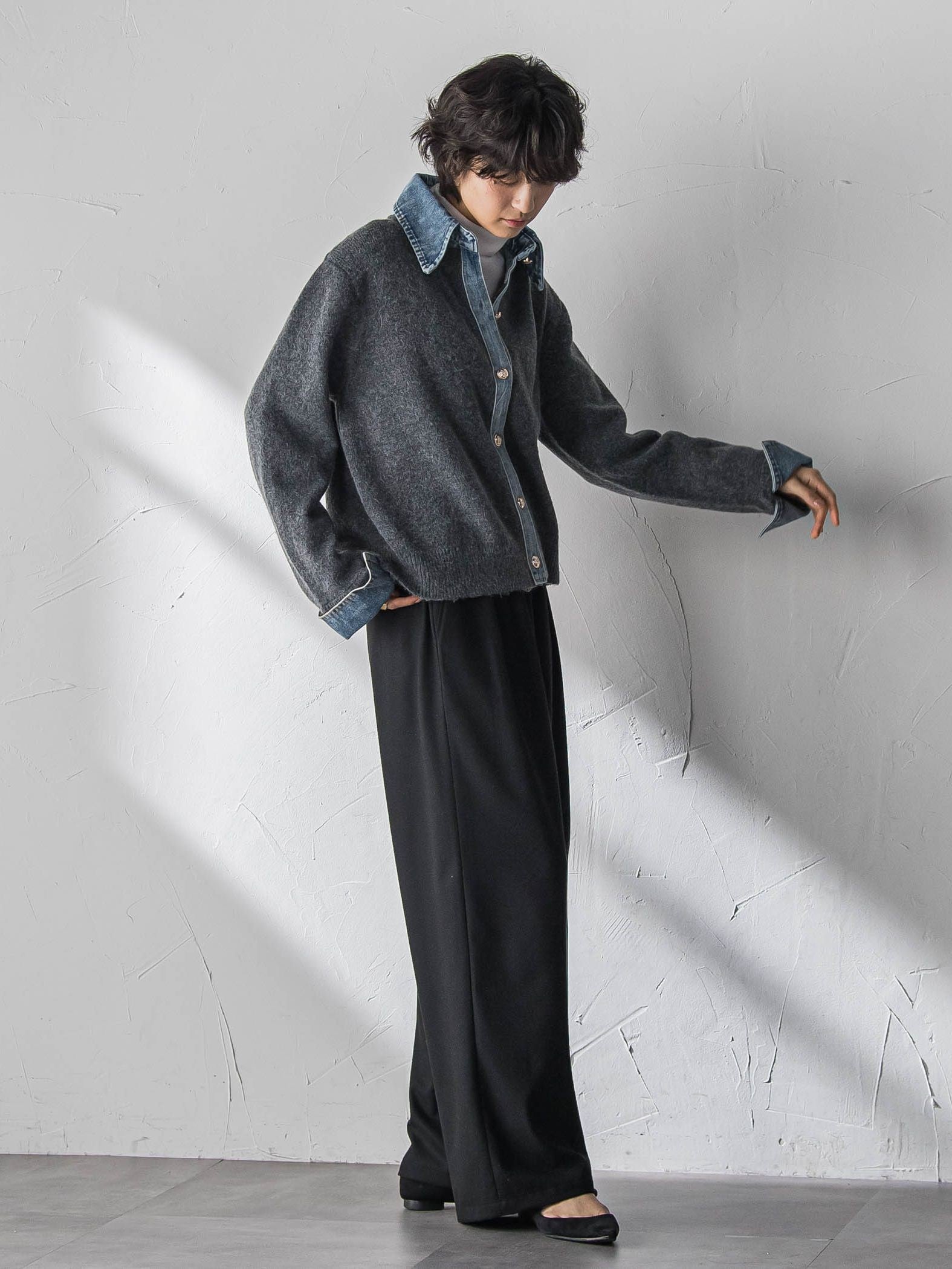 デニムレイヤード風カーディガン≪手洗い可能≫